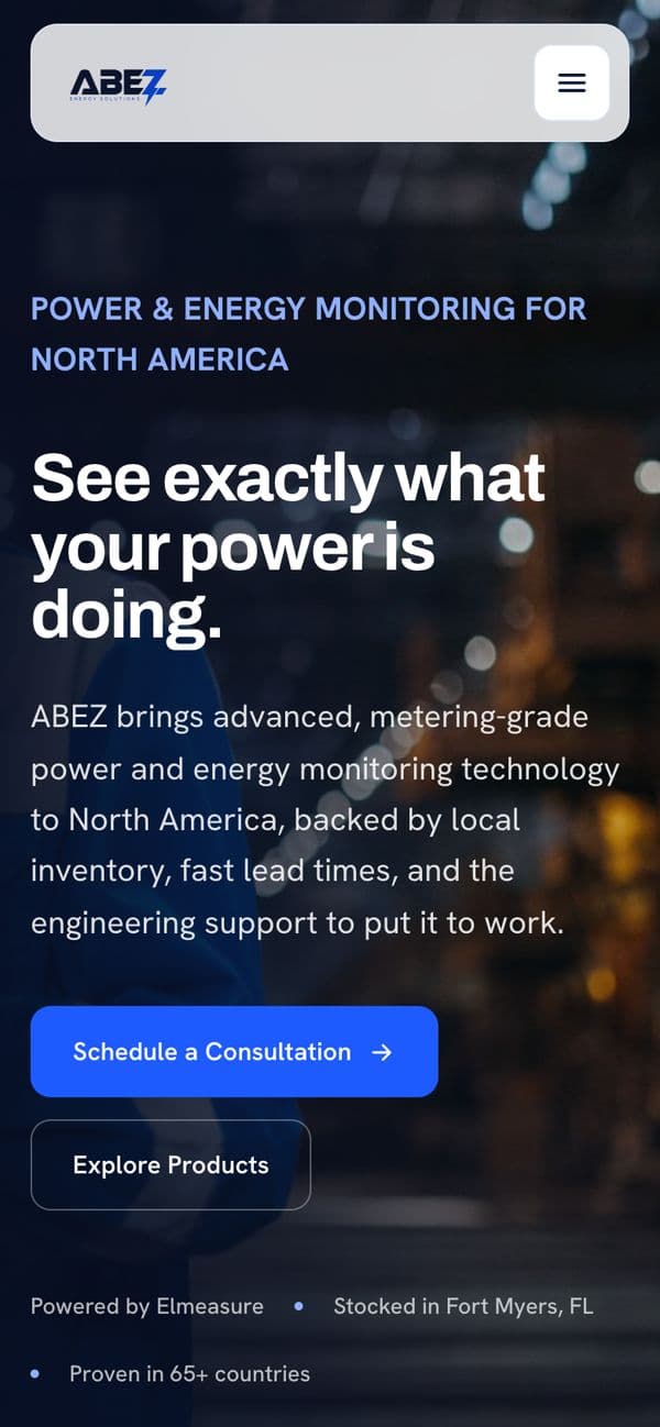 Industrial energy-tech company on mobile, screen 1