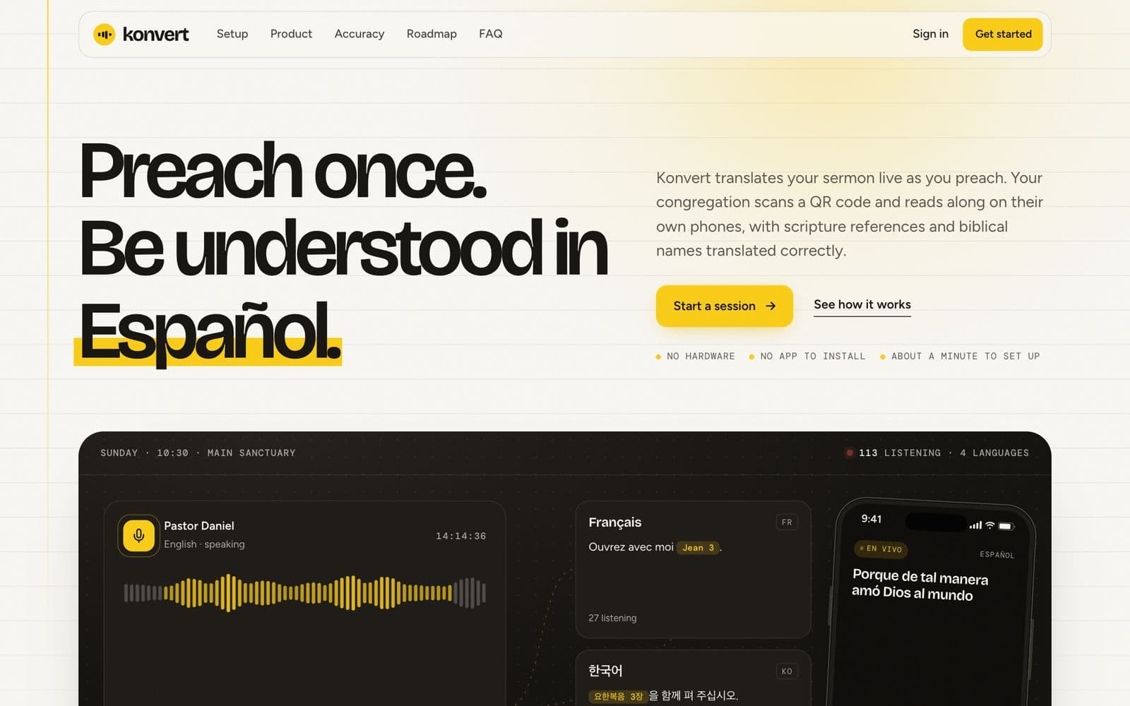 Live-translation software website, screen 1