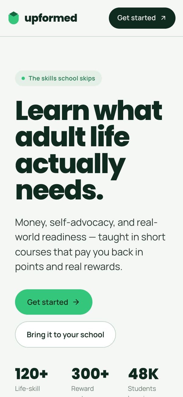EdTech startup on mobile, screen 1